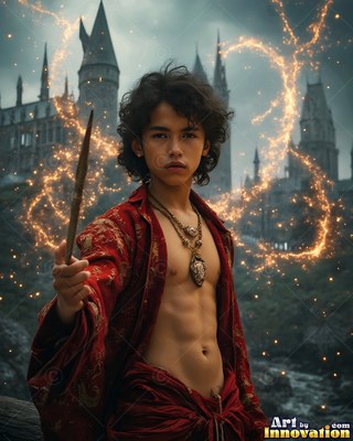 Before a castle, a young man in an open red robe holds a wand with gold sparks around him