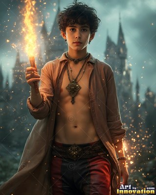 Holding a flaming torch, a young man wearing an unbuttoned shirt stands before a castle