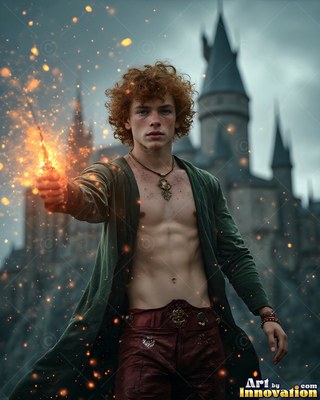A shirtless man with red hair holds a sparking wand by a castle