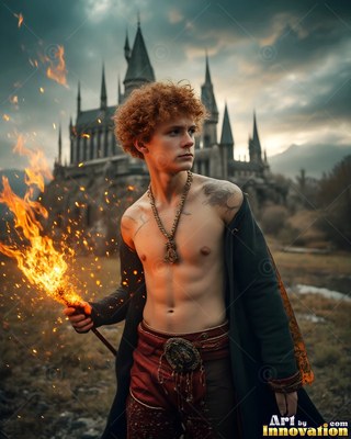 In an open dark coat outside a stone castle, a shirtless man holds a flaming staff