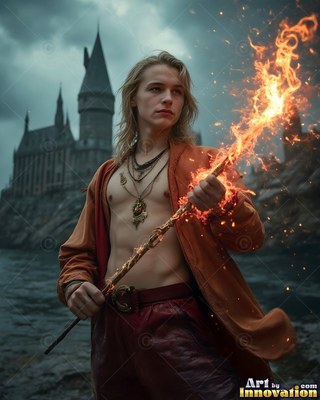A blond man holds an arrow tipped with bright orange fire outside a castle