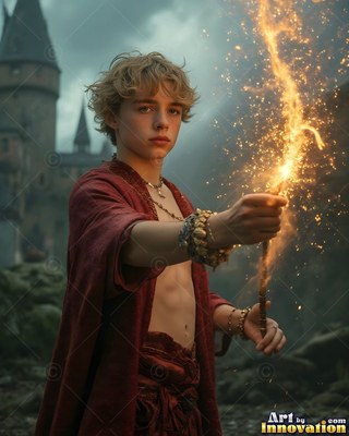Facing forward before a castle, a young man raises a sparking golden wand