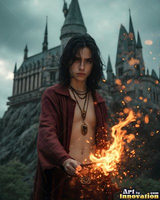A young man in an unfastened red robe casts orange fire outside a castle