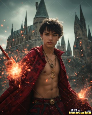 Outside a stone castle, a young shirtless man in a deep red robe casts orange sparks
