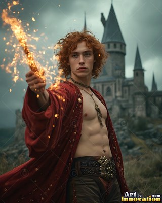 Holding a fiery wand, a red-haired man in loose red robes stands by a castle