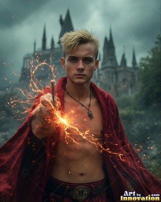 A shirtless man in a red cloak casts sparks with a wand