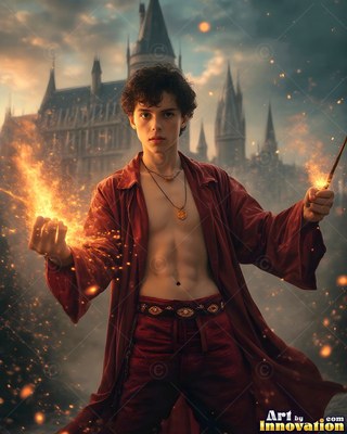 Wearing an unbuttoned deep red robe, a young man casts fire from his hands before a castle