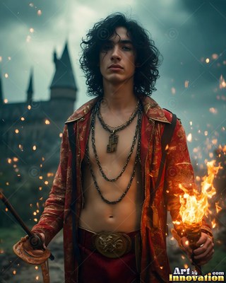A man holds a burning torch by a castle under warm sparks of light