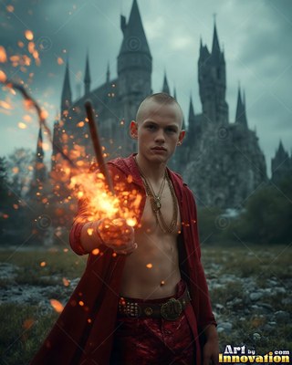 Facing forward before a stone castle, a young man clutches a sparked wand in a red coat