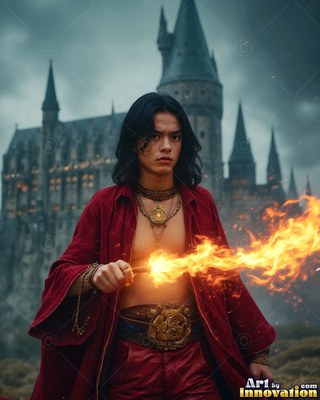 A young man in an unfastened deep red robe points a burning wand before a castle
