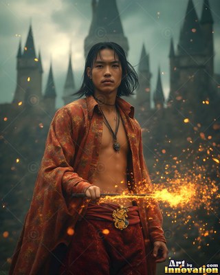 Outside a castle, a shirtless man in a deep red robe holds a wand firing bright sparks