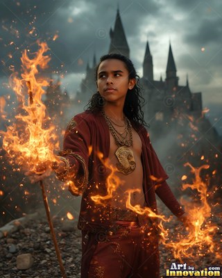 Holding a burning staff, a young man in an unfastened bright red robe stands before a castle