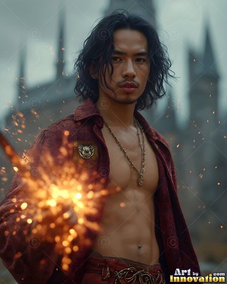 A man in an open red shirt holds sparks outside a castle