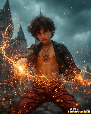 An open shirt reveals a young man casting gold sparks outside a stone castle