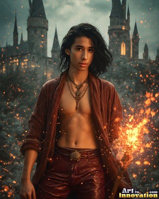 A young man holds a staff throwing orange sparks before a stone castle
