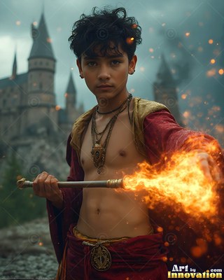 Standing in front of a castle, a young man points a staff lit with bright fire