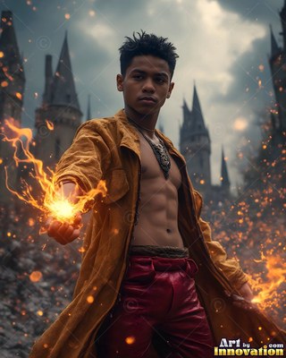 A young man in an unfastened yellow coat holds fire in his hand near a dark castle