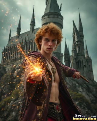 Outside a stone castle, a red-haired man holds a sparking wand in an open robe