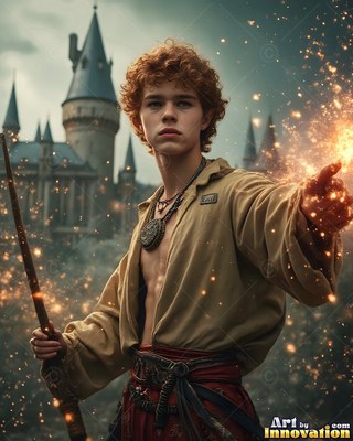 Casting sparks from his hand, a red-haired young man stands before a castle tower