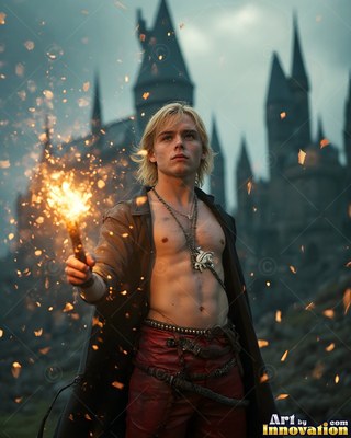 A blond man holds a flaming wand before a dark castle
