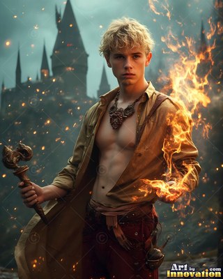 Wearing an open tan shirt, a blond man holds a wand and rising fire outside a dark castle