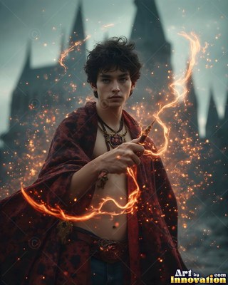 A young man casts magic with a wand, sending out bright orange sparks