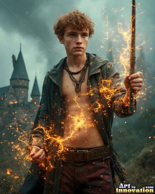 Standing by a castle, a young man holds up a staff with bright orange sparks