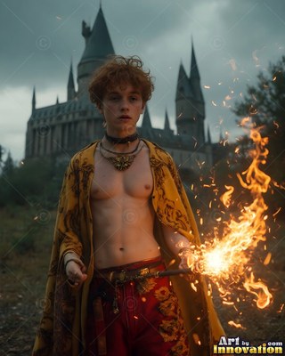 A bare-chested young man holds a flaming wand just outside a castle in a gold cape