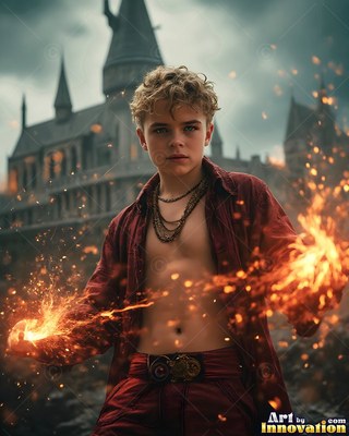 Just outside a castle, a young man in an unzipped red shirt casts fire from his hands