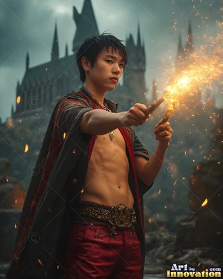 Holding sparked wands, a shirtless young man in a dark cloak stands outside a castle