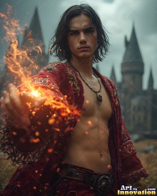 A young man in an unzipped red robe holds fire before a castle