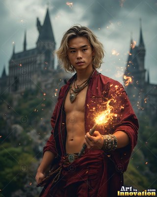 A man in an open red robe holds a fiery wand in front of a gray castle hilltop