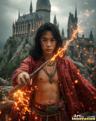 A young man points a wand sparking with bright fiery orange light before a castle