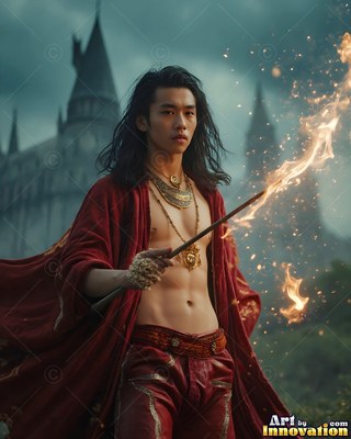 Standing by the walls of a castle, a shirtless man in a deep red robe casts fire from a wand