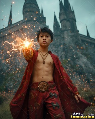 A shirtless young man in a scarlet robe casts bright sparks outside a stone castle