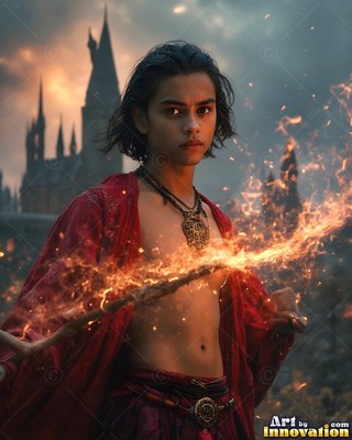 Out in front of a castle, a young man grips a staff with sparks in a parted scarlet robe