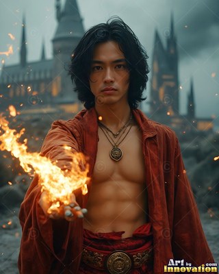 Holding fire in his hand, a shirtless man in a red robe stands before a castle