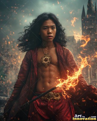 A young man in red robes holds a flaming wand outdoors