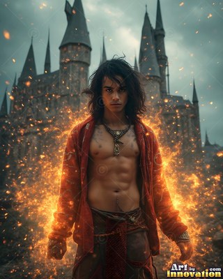 A loose red cloak covers the shoulders of a man standing before a tall castle in sparks