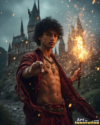 A young man holds a flaming torch by a castle, surrounded by gold sparks