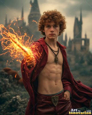 Facing forward near a castle, a shirtless man points a fiery magic wand