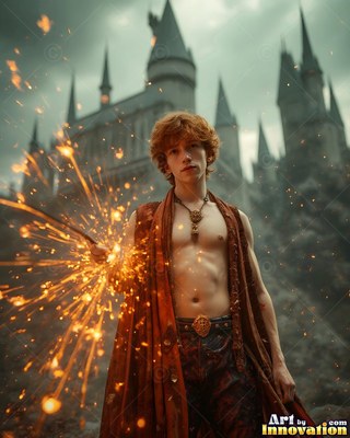 A shirtless red-haired man casts bright orange sparks with his wand in front of a castle