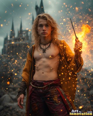 Before a distant castle, a shirtless blond man raises a burning wand in yellow robes