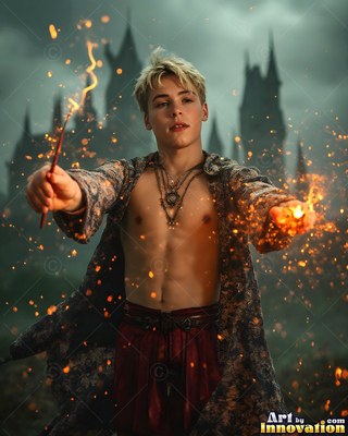 Casting sparks from a wand, a blond young man stands before a dark castle
