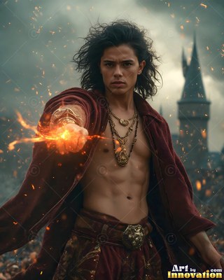 Shirtless man in a red robe casts orange fire sparks outside a castle