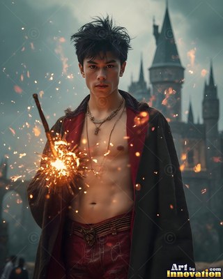 In an open black robe with a red lining, a bare-chested young man holds a sparking wand before a castle
