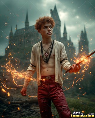 A young man casts golden sparks from his wand before a dark castle