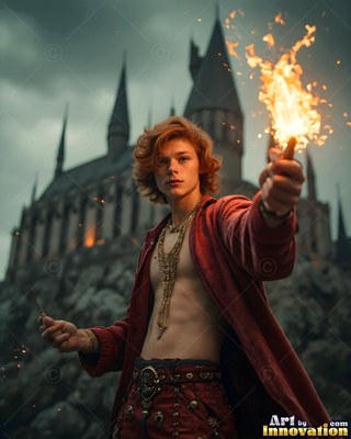 Facing forward by the walls of a castle, a red-haired man holds a flaming wand aloft