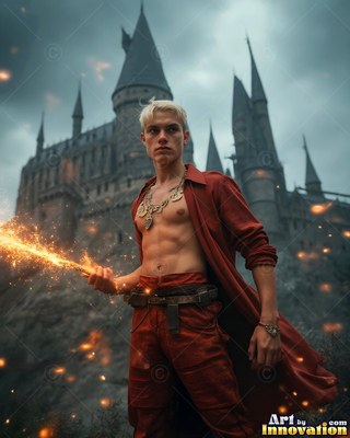 A shirtless blond man wearing an unfastened red coat holds sparks by a stone castle