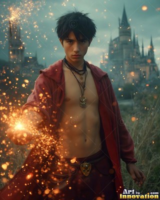 In front of a castle, a young man in an unzipped red cloak casts sparks from his bare hand